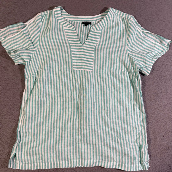 Talbots Tops - Talbots Petites LP‎ Linen Top Green White Striped V-Neck Short Sleeve Tunic